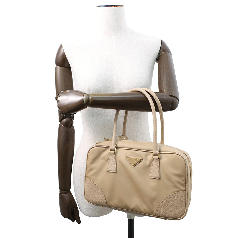 PRADA Re-Edition 1978 Double Handle Bag Beige1BB115 Nylon Leather Size Medium