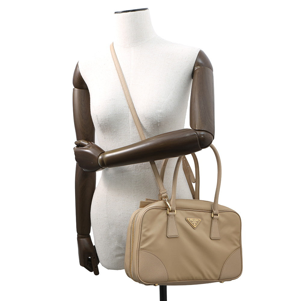 PRADA Re-Edition 1978 Double Handle Bag Beige1BB115 Nylon Leather Size Medium