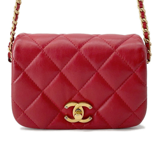 CHANEL Matelasse ChainShoulder Bag Red Lambskin