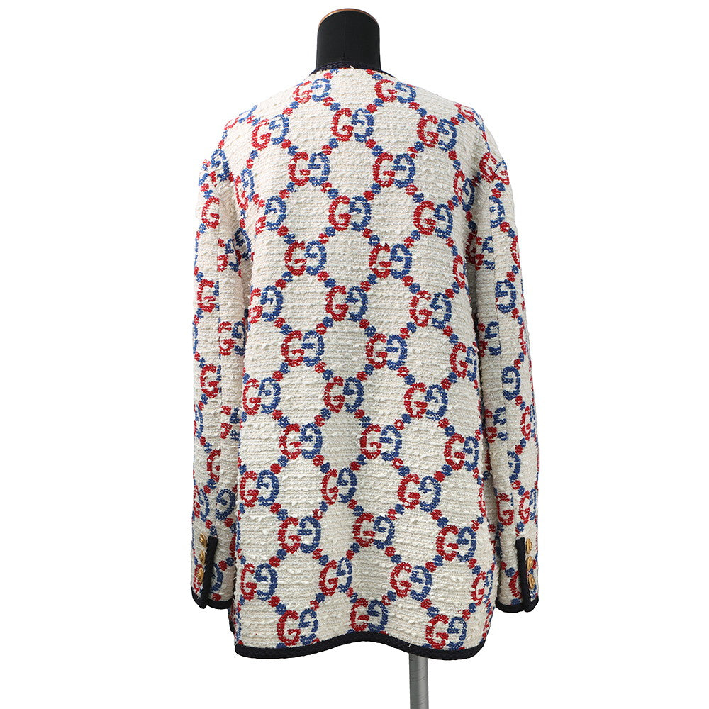 GUCCI GG No Collar Jacket Size 42 Ivory/Multicolor569926 Tweed