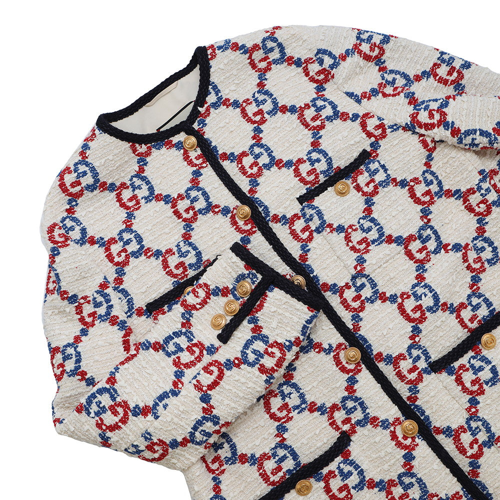 GUCCI GG No Collar Jacket Size 42 Ivory/Multicolor569926 Tweed