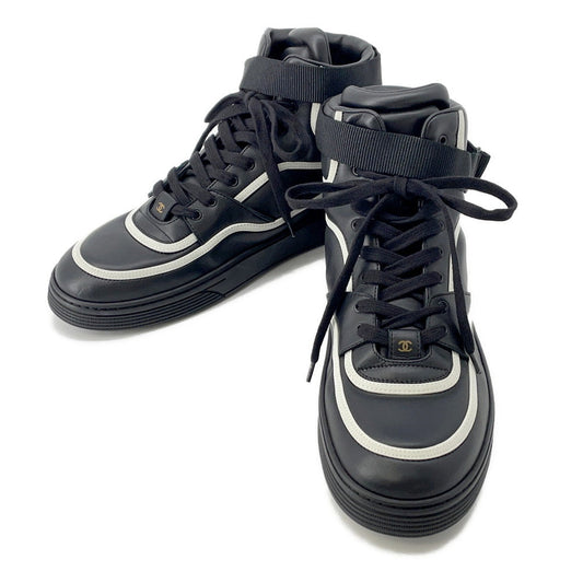 CHANEL Back Logo High Cut Sneakers Black/White/GoldG35064 Leather Size 43