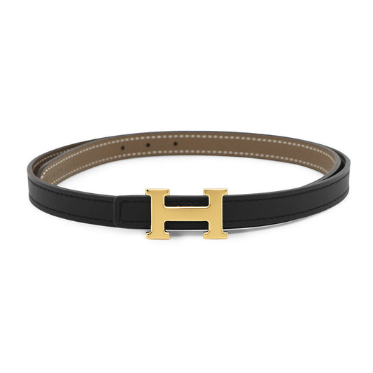 HERMES Constance Mini Reversible Belt Size 70 Black/Etoupe Swift Leather Epsom
