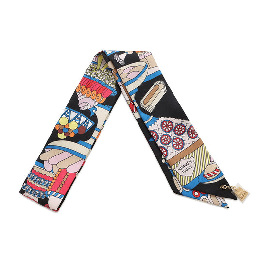 HERMES Twilly Patisserie Francaise La Patisserie Francaise charm Black/Blanc/Blue Silk100%