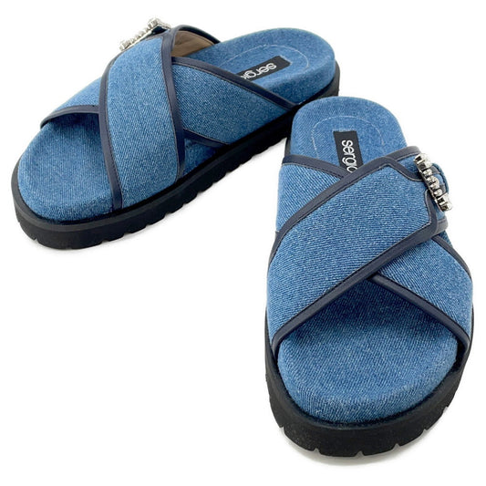 Sergio Rossi sr TWENTY BUCKLE Flat Sandals BlueB10390 Denim Crystal Size 37