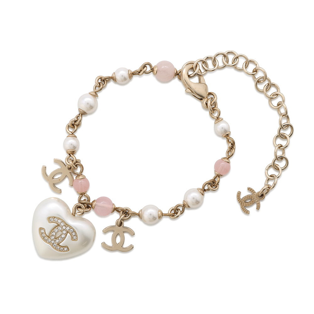 CHANEL CC Logo Heart ChainBraceletAB7003 Metal Faux Pearl Rhinestone