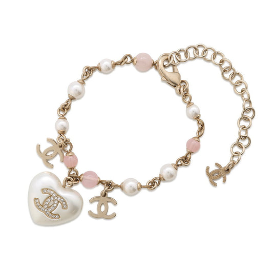 CHANEL CC Logo Heart ChainBraceletAB7003 Metal Faux Pearl Rhinestone