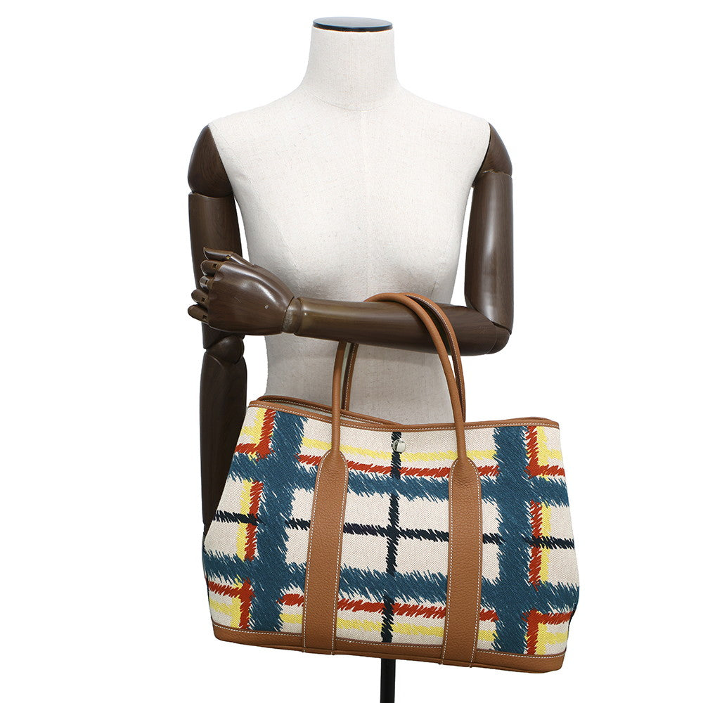 HERMES Garden Party Tartan Cross Check Gold/Ecru/Beige/Deep Blue/JauneCitron Toile HPlume Negonda Leather Size PM