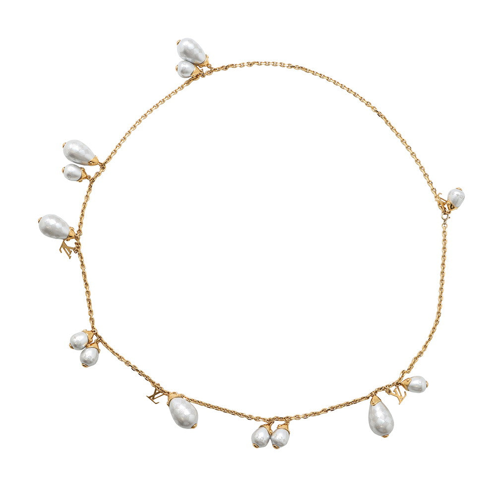 LOUIS VUITTON Damier Pearl Necklace Gold/Gray Metal Faux Pearl