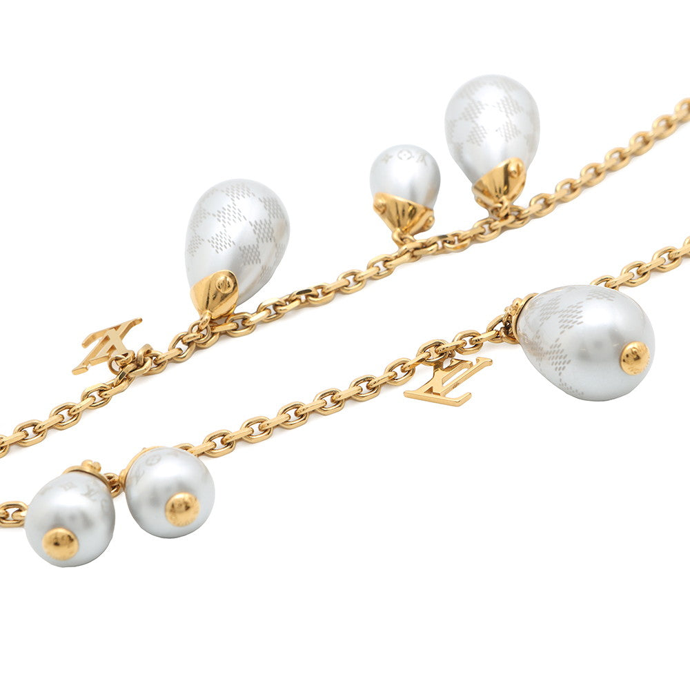 LOUIS VUITTON Damier Pearl Necklace Gold/Gray Metal Faux Pearl