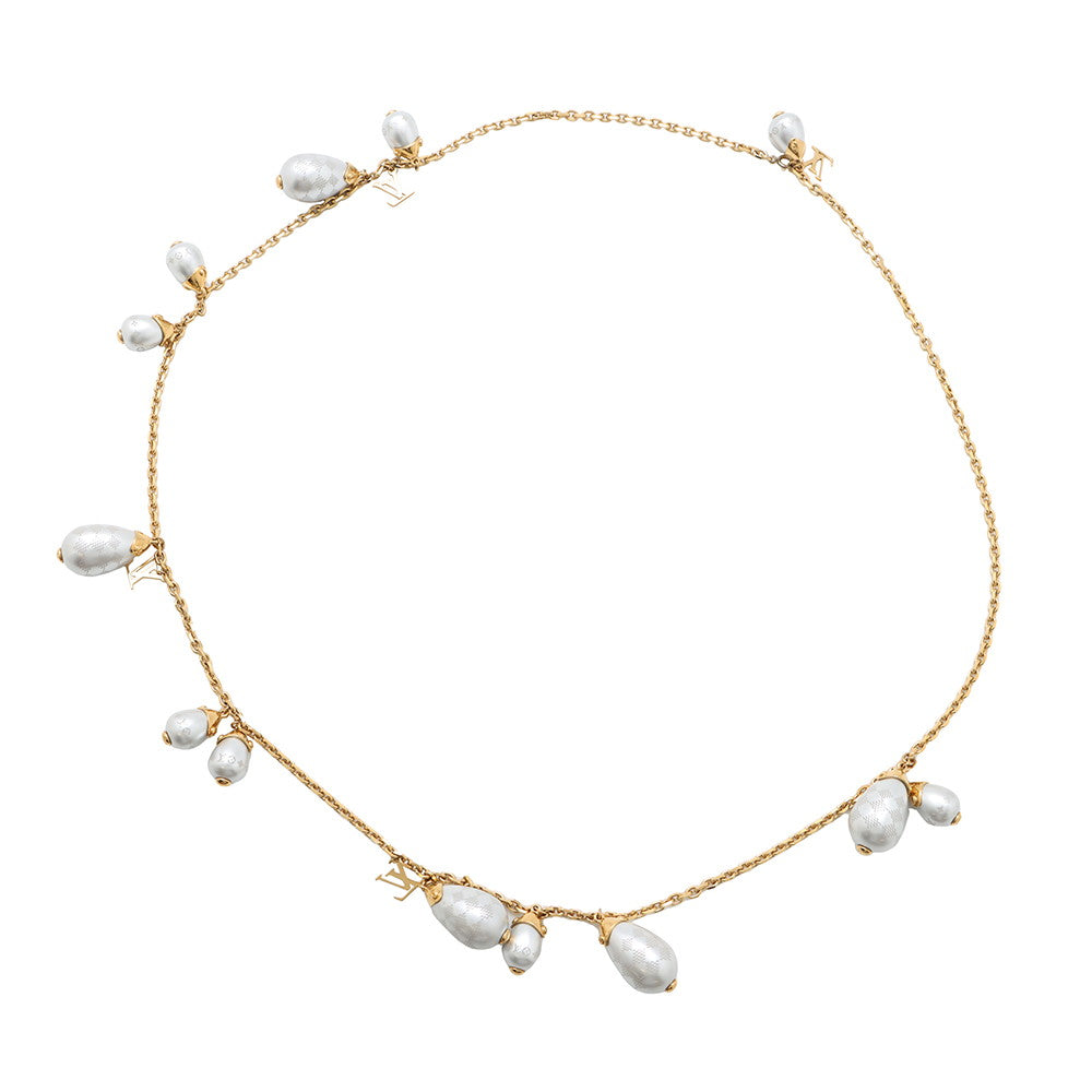 LOUIS VUITTON Damier Pearl Necklace Gold/Gray Metal Faux Pearl