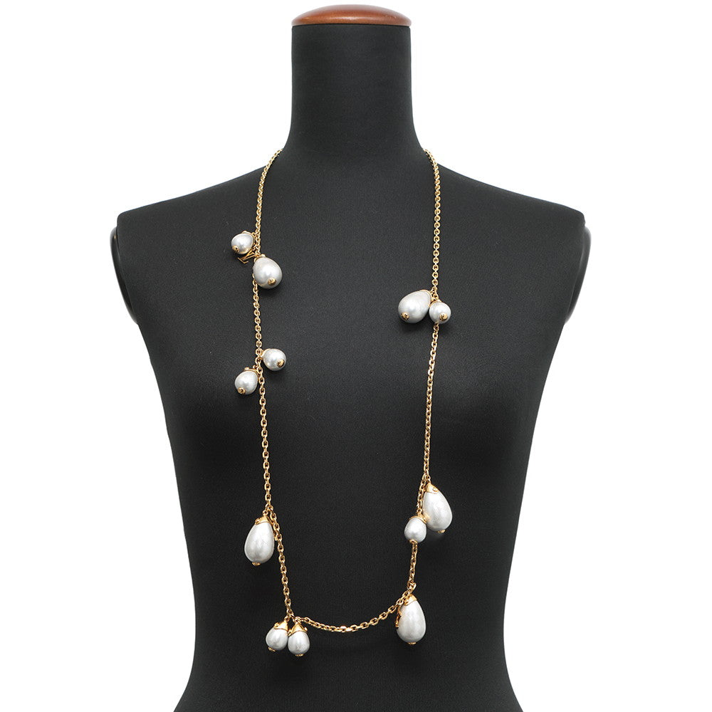 LOUIS VUITTON Damier Pearl Necklace Gold/Gray Metal Faux Pearl