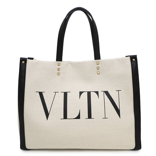 Valentino Garavani VLTN Logo Rock Studded Tote Bag Beige/BlackTW2B0D21FWB Canvas Leather Size Medium