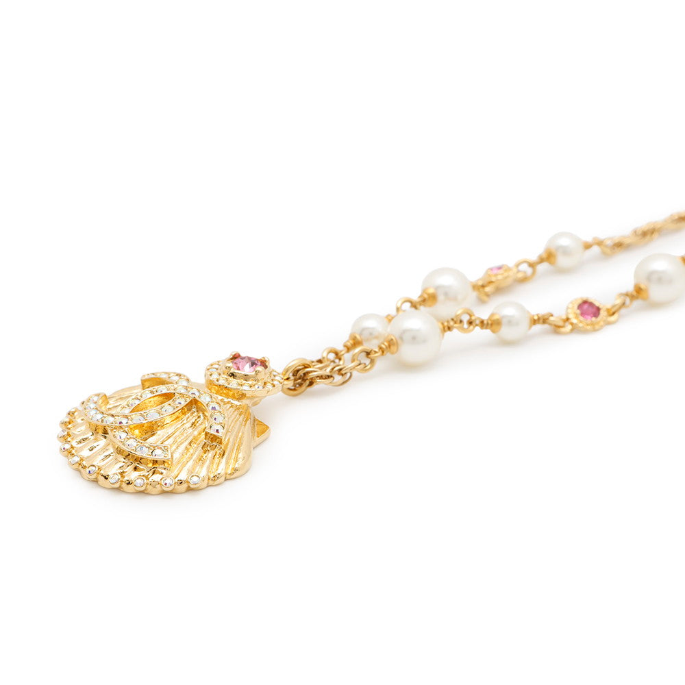 CHANEL Shell CC Logo Pearl Necklace Metal Strass Faux Pearl