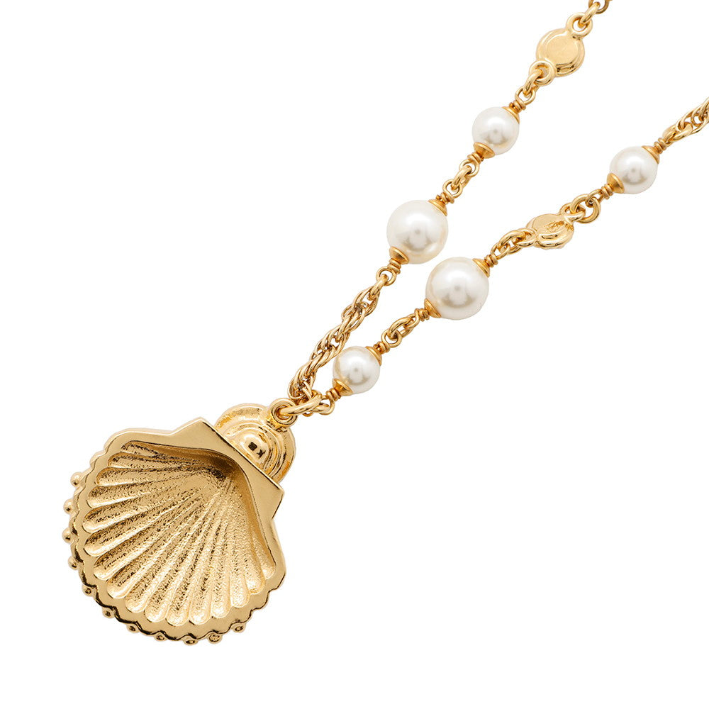 CHANEL Shell CC Logo Pearl Necklace Metal Strass Faux Pearl