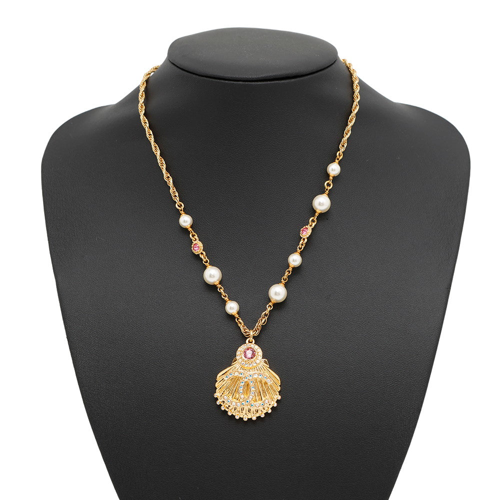 CHANEL Shell CC Logo Pearl Necklace Metal Strass Faux Pearl