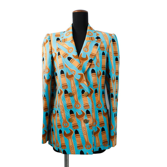 GUCCI Lipstick & Tool Print Jacket Size 38 Light Blue/Brown740422 Rayon98% Silk2%