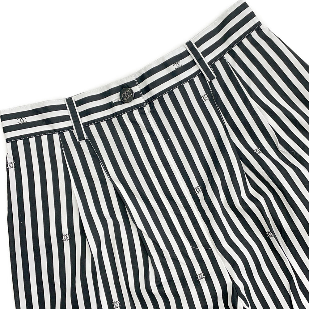 CHANEL Coco Beach Striped Pants Size 34 Black/WhiteP76233 Cotton 97% Polyurethane 3%