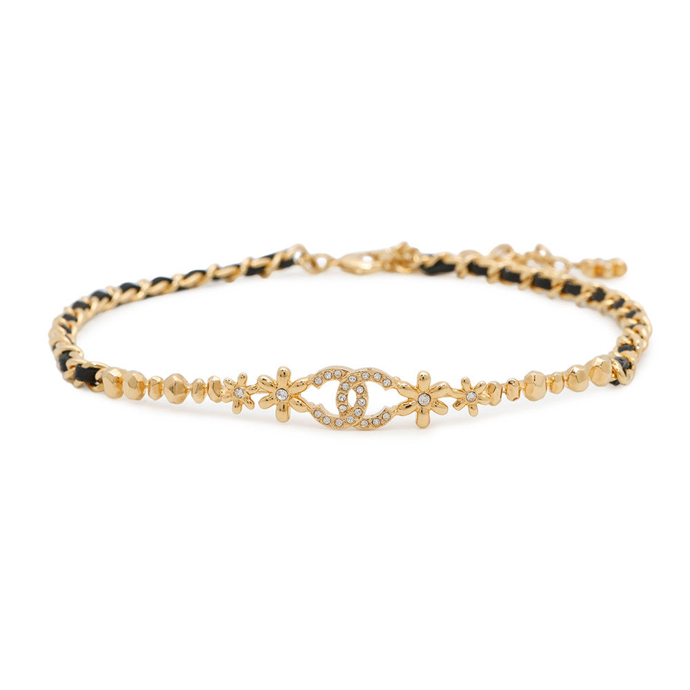 CHANEL CC Logo Flower Motif Necklace ChokerABB327 Rhinestone Metal Lambskin