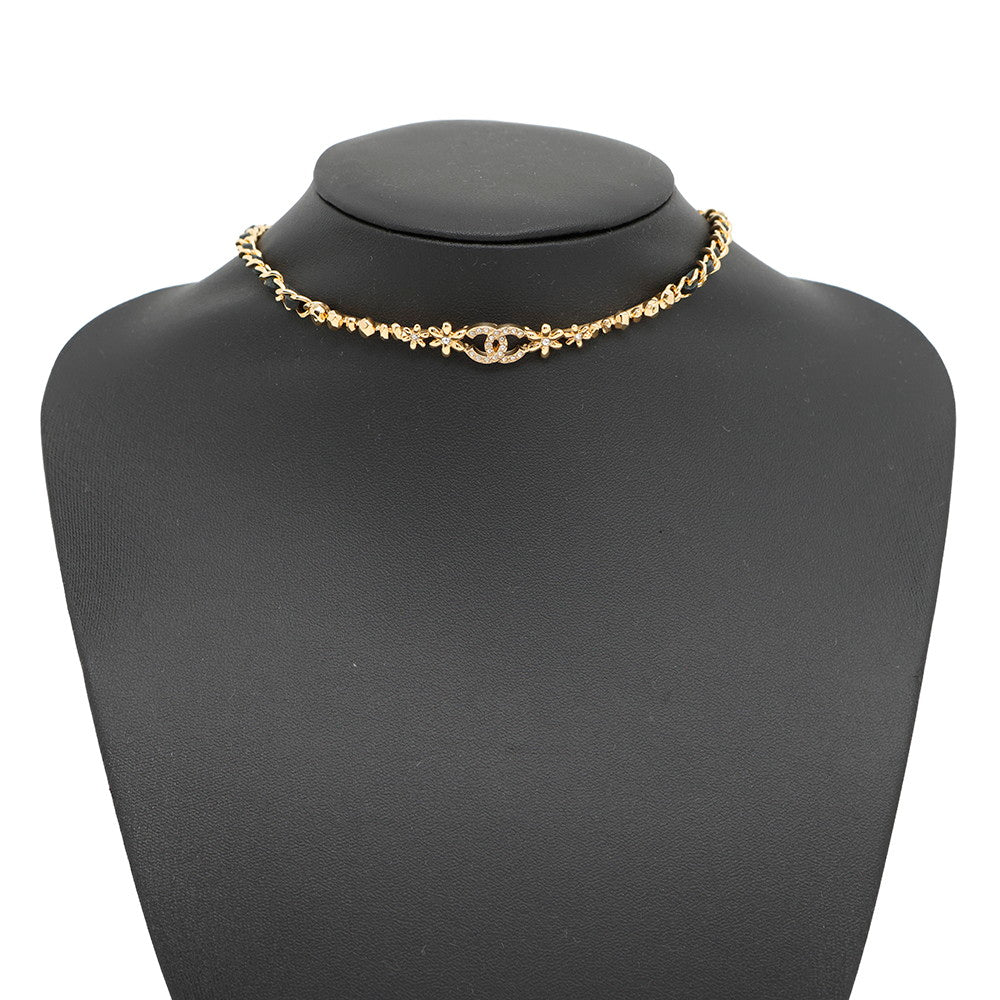 CHANEL CC Logo Flower Motif Necklace ChokerABB327 Rhinestone Metal Lambskin