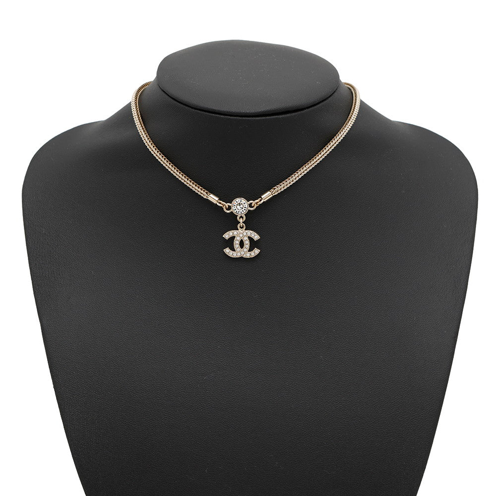 CHANEL CC Logo Necklace ChokerABE544 Rhinestone Gold Plated