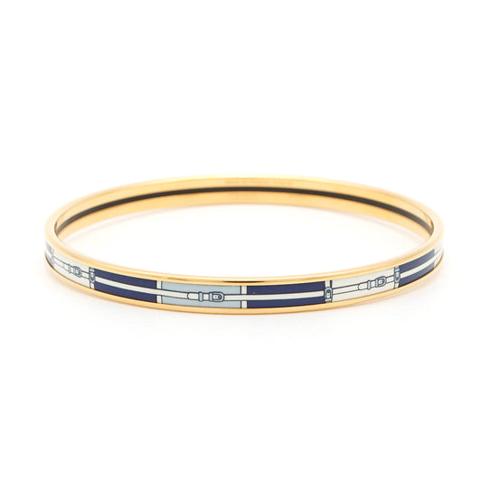 HERMES Enamel Bangle Belt Pattern Size PM Navy/White/Light Blue Enamel Metal