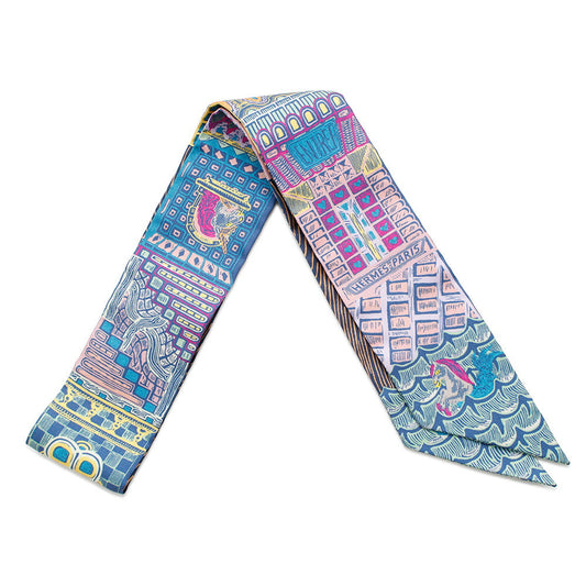 HERMES Scarf Twilly SUPER SILK QUEST Blue Cobalt/Rose/YellowH064011S Silk 100%