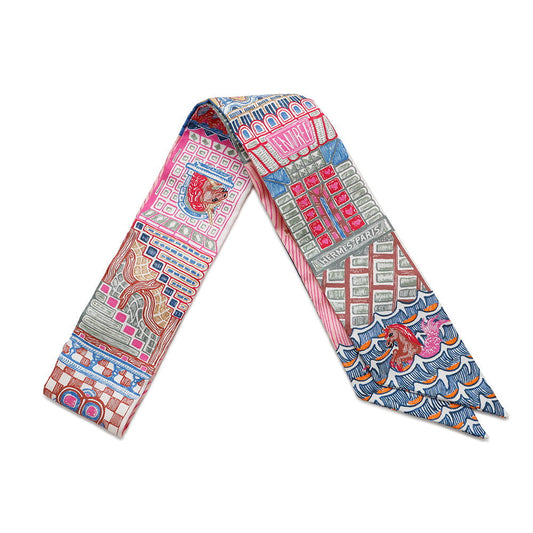 HERMES Scarf Twilly SUPER SILK QUEST Super Silk Quest Rose Vif/Blue/Vert AlmondH064011S Silk 100%