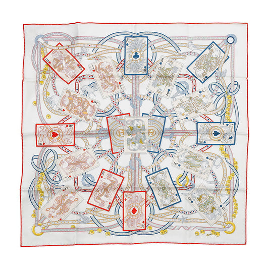 HERMES Queen of Hearts Scarf (Pique Dame de Coeur/Pique) Size 70 White/Rouge/GoldH983959S Silk 100%