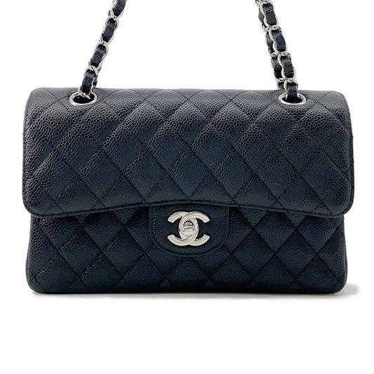 CHANEL Matelasse W Flap ChainShoulder Bag BlackA01113 Caviar Leather Size 23