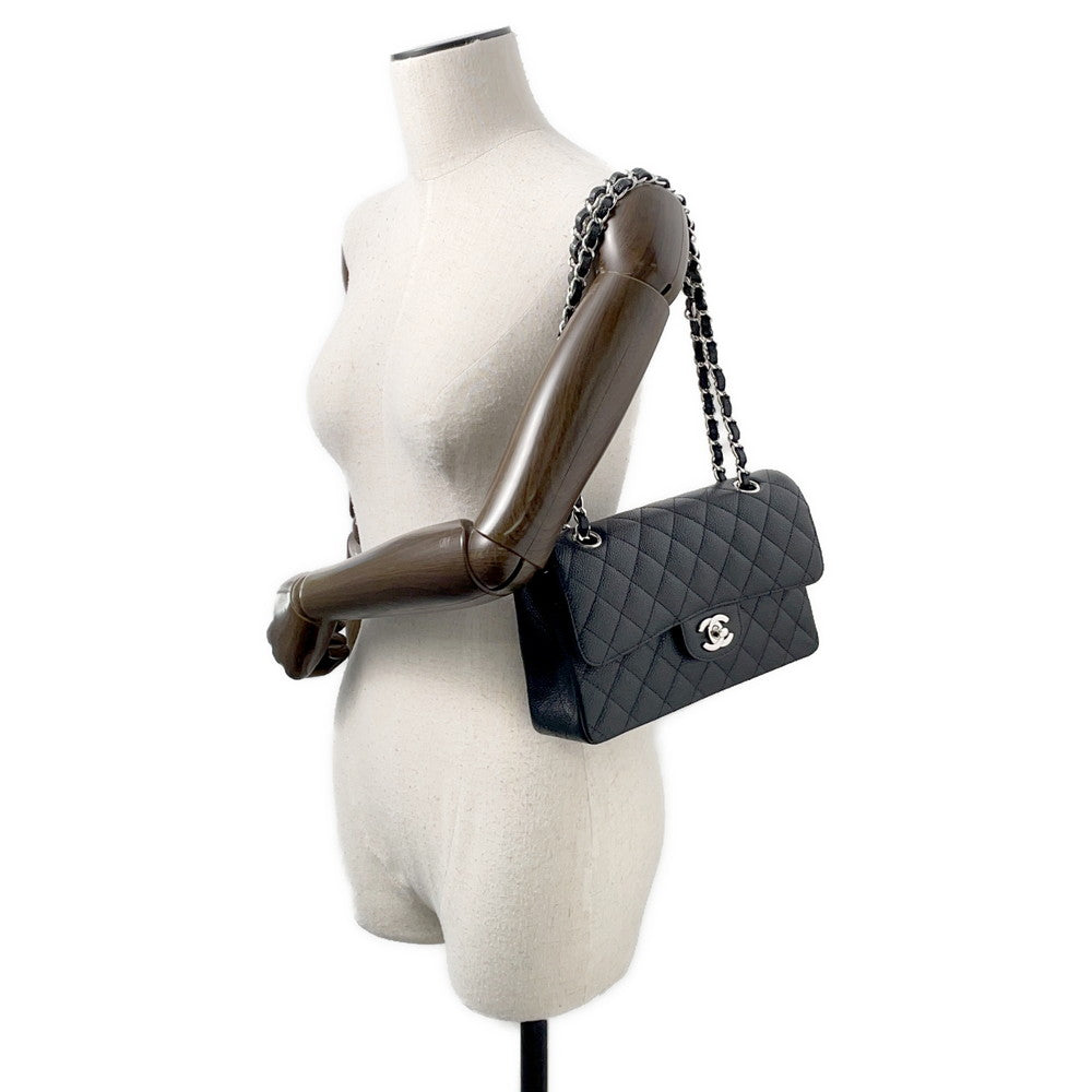 CHANEL Matelasse W Flap ChainShoulder Bag BlackA01113 Caviar Leather Size 23