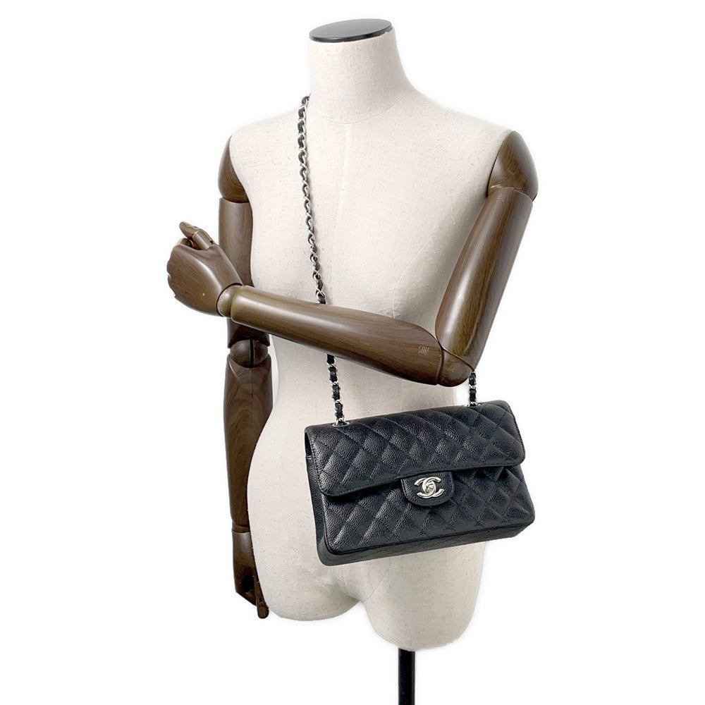 CHANEL Matelasse W Flap ChainShoulder Bag BlackA01113 Caviar Leather Size 23