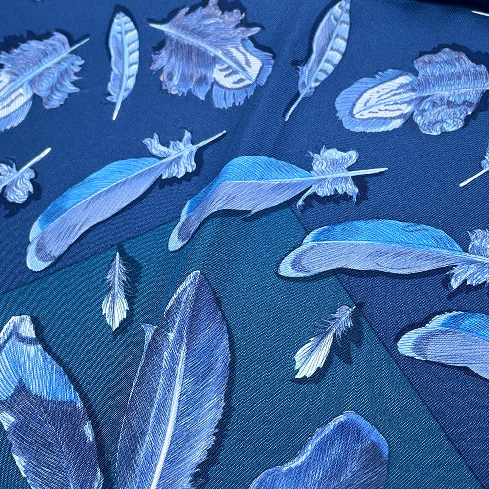 HERMES Carre Plumes II Feather Size 90 Brown/Blue Silk100%