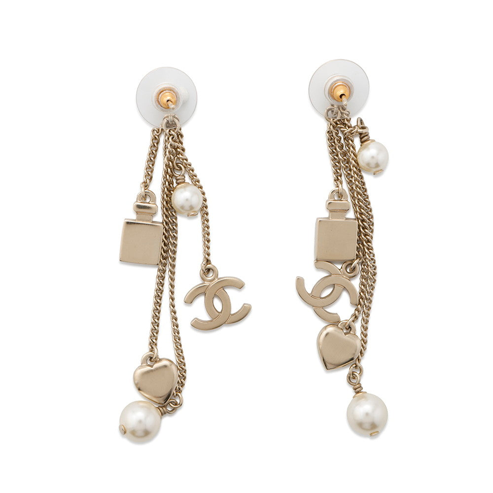 CHANEL CC Logo Perfume Bottle Heart Pearl Earrings Gold Metal Faux Pearl