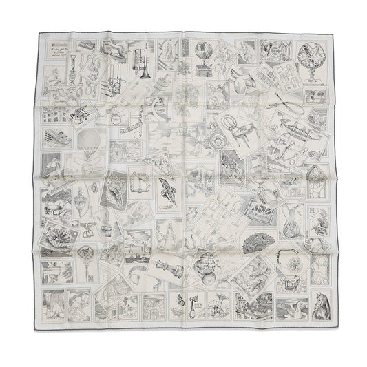 HERMES Carre Fauve le Stamp Enthusiast Size 90 Gray/Parchement/White Silk100%
