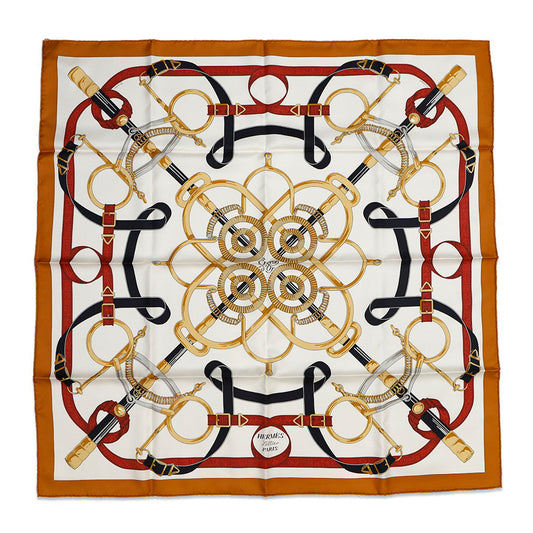 HERMES Carre EPERON D'OR Apron D'or Size 90 Caramel/Creme Silk100%