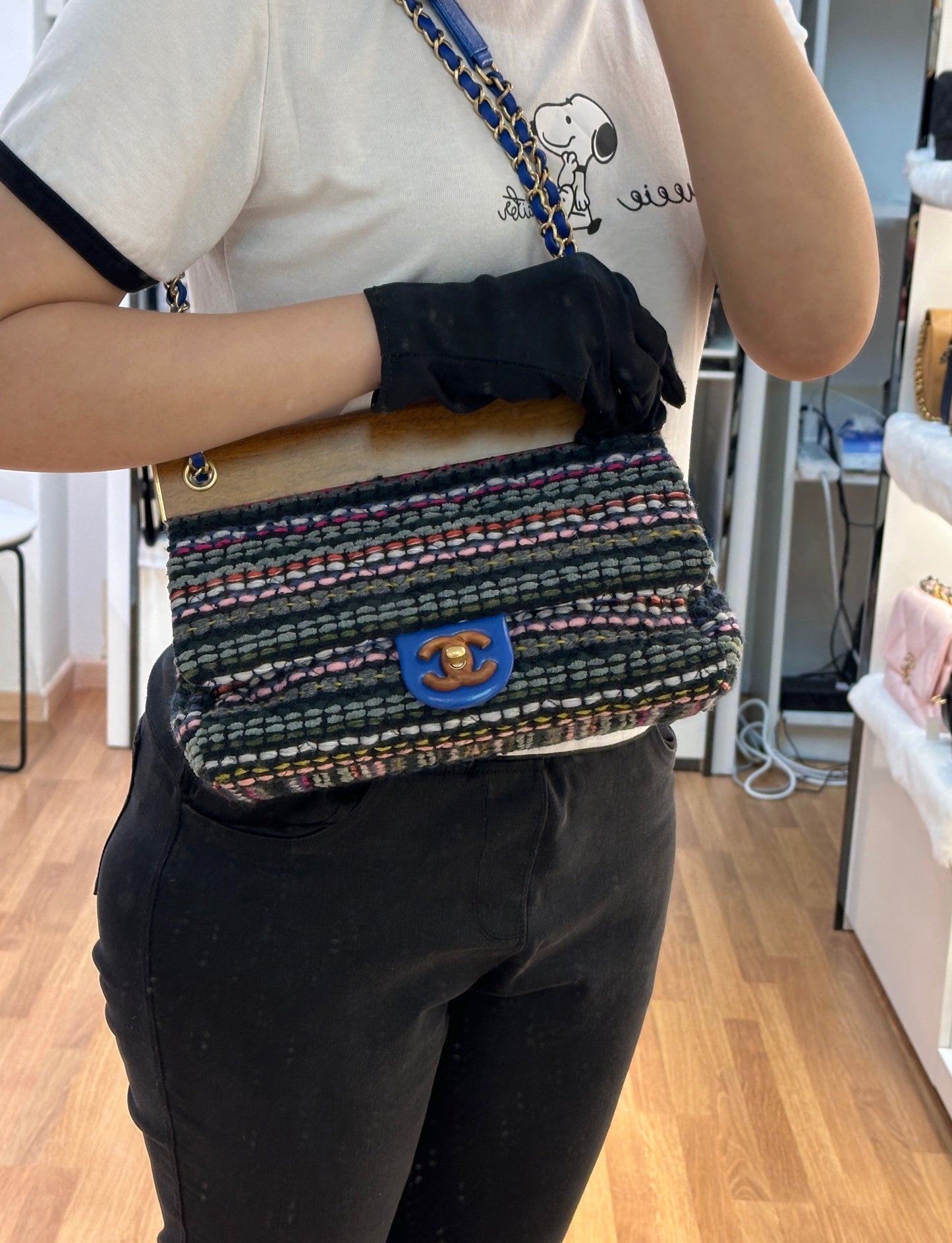 CHANEL Classic Flap Frame Knock on the Wood Tweed Shoulder Bag 2018 holo 2666