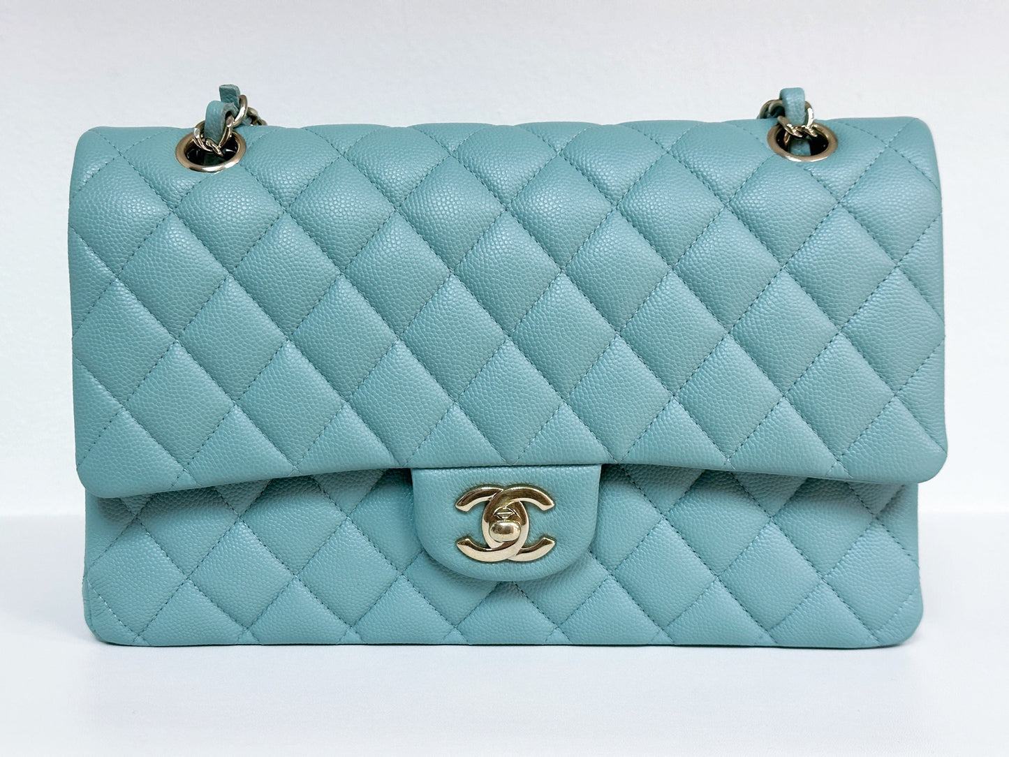 Chanel Classic Flap Medium 20C Tiffany Blue Caviar Light Gold Hardware 2943 holo card