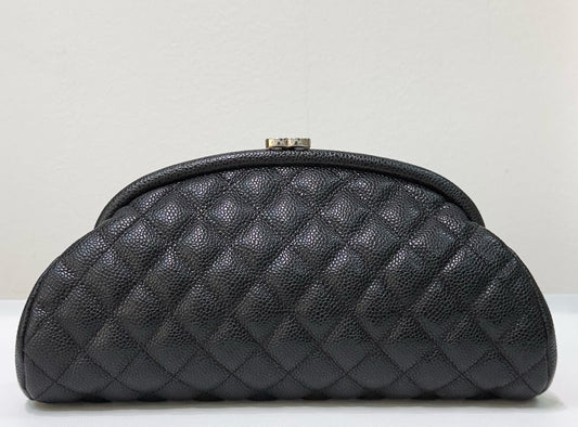 Chanel Quilted Timeless Kisslock Clutch Black Caviar SHW 1228 holo card