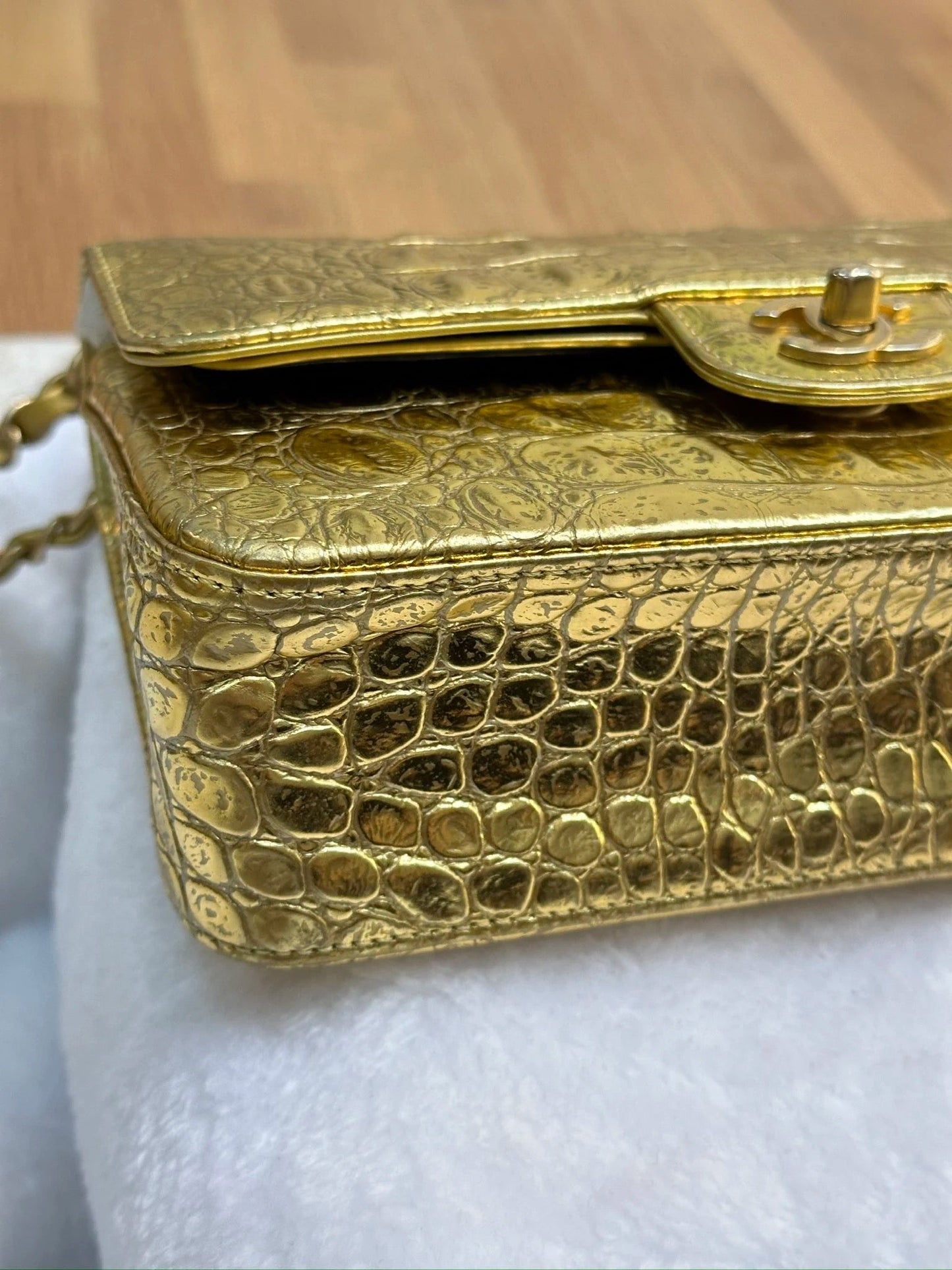 Chanel Medium  Calfskin Crocodile Embossed  Gold Metallic Flap Bag