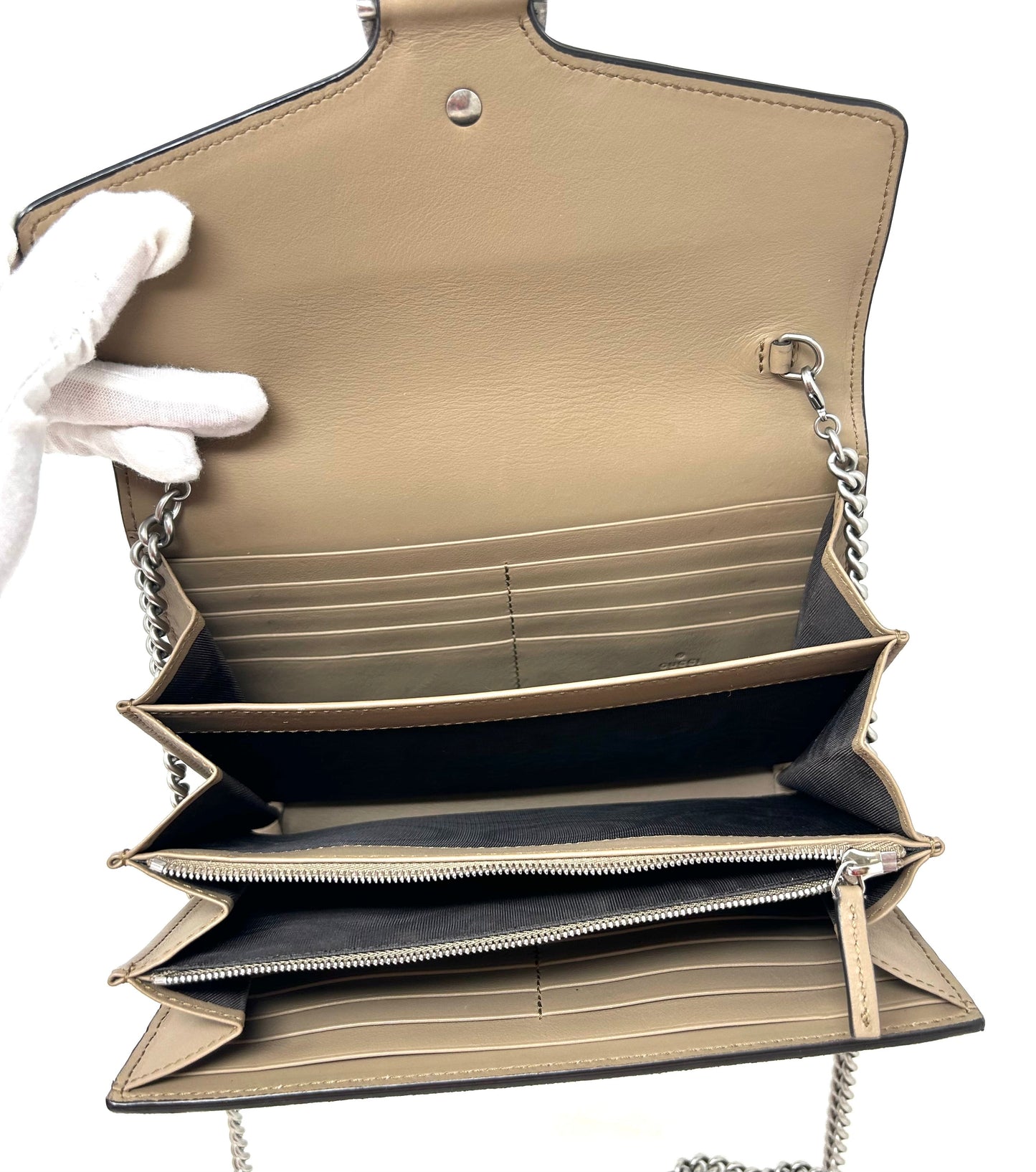 Gucci Dionysus Taupe Suede Chain Wallet Handbag