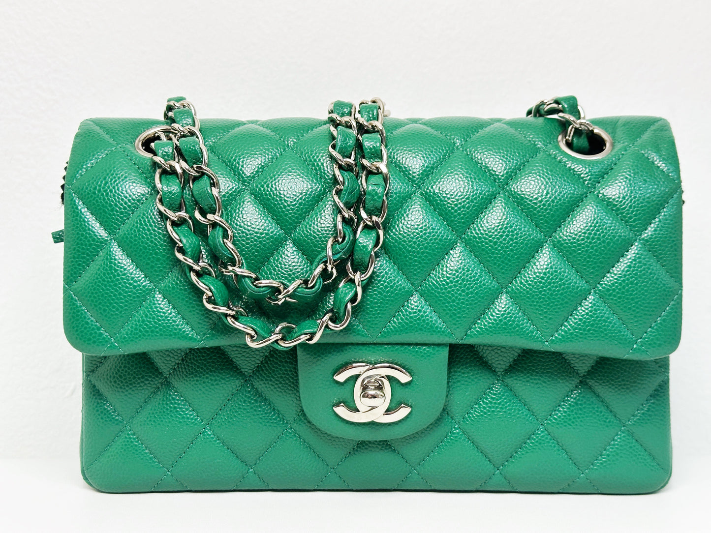 CHANEL 20B Green Classic Small Double Flap Bag SHW 3050 holo card