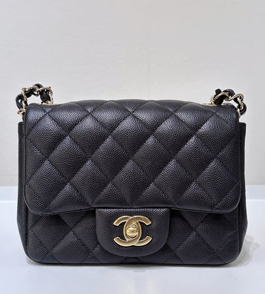 Chanel Black Mini Square Caviar Flap Bag Gold Hardware