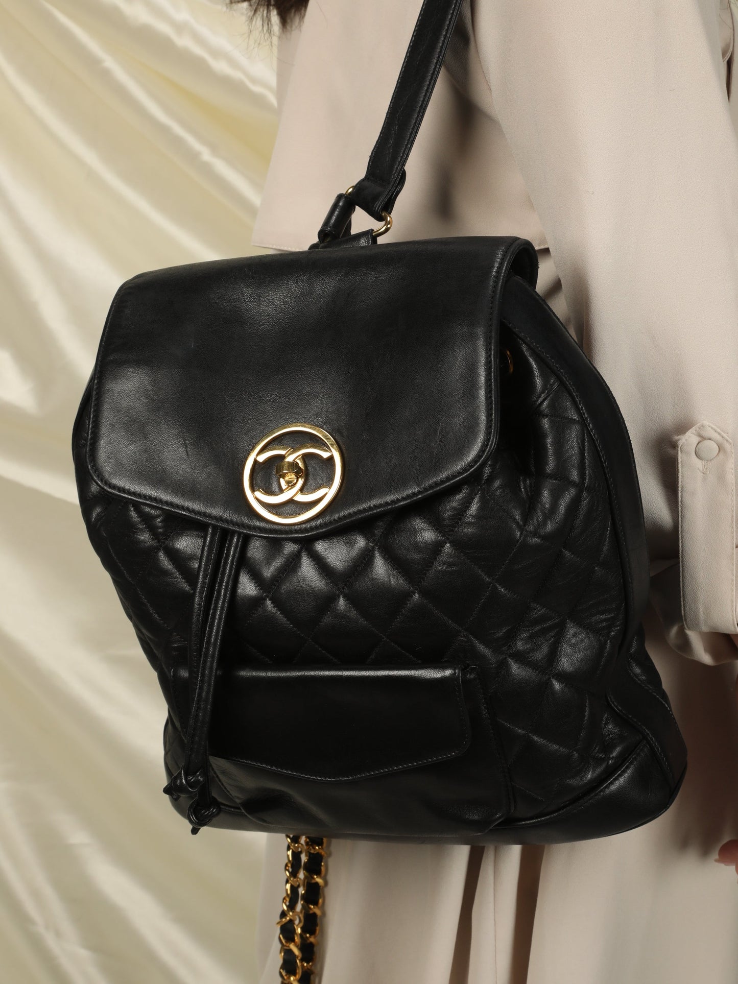 Chanel Lambskin Quilted Chain Backpack with Pouch