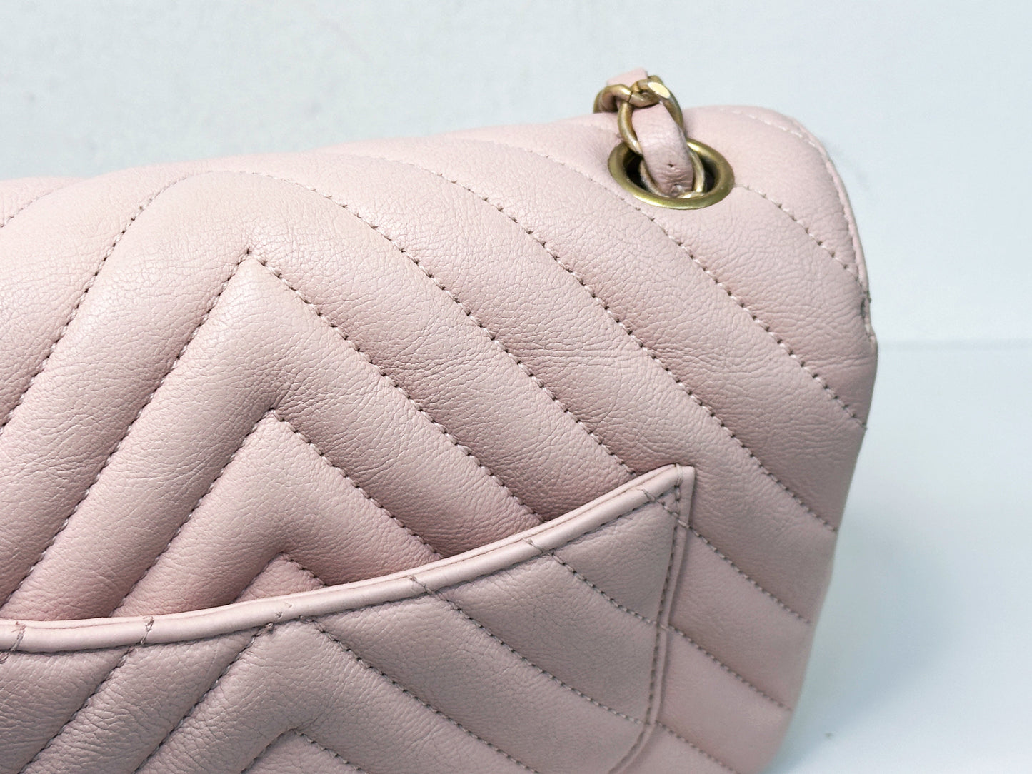 Chanel Classic Mini Rectangular 17C Light Pink Chevron Calfskin with brushed gold hardware ⁣⁣2383 holo card