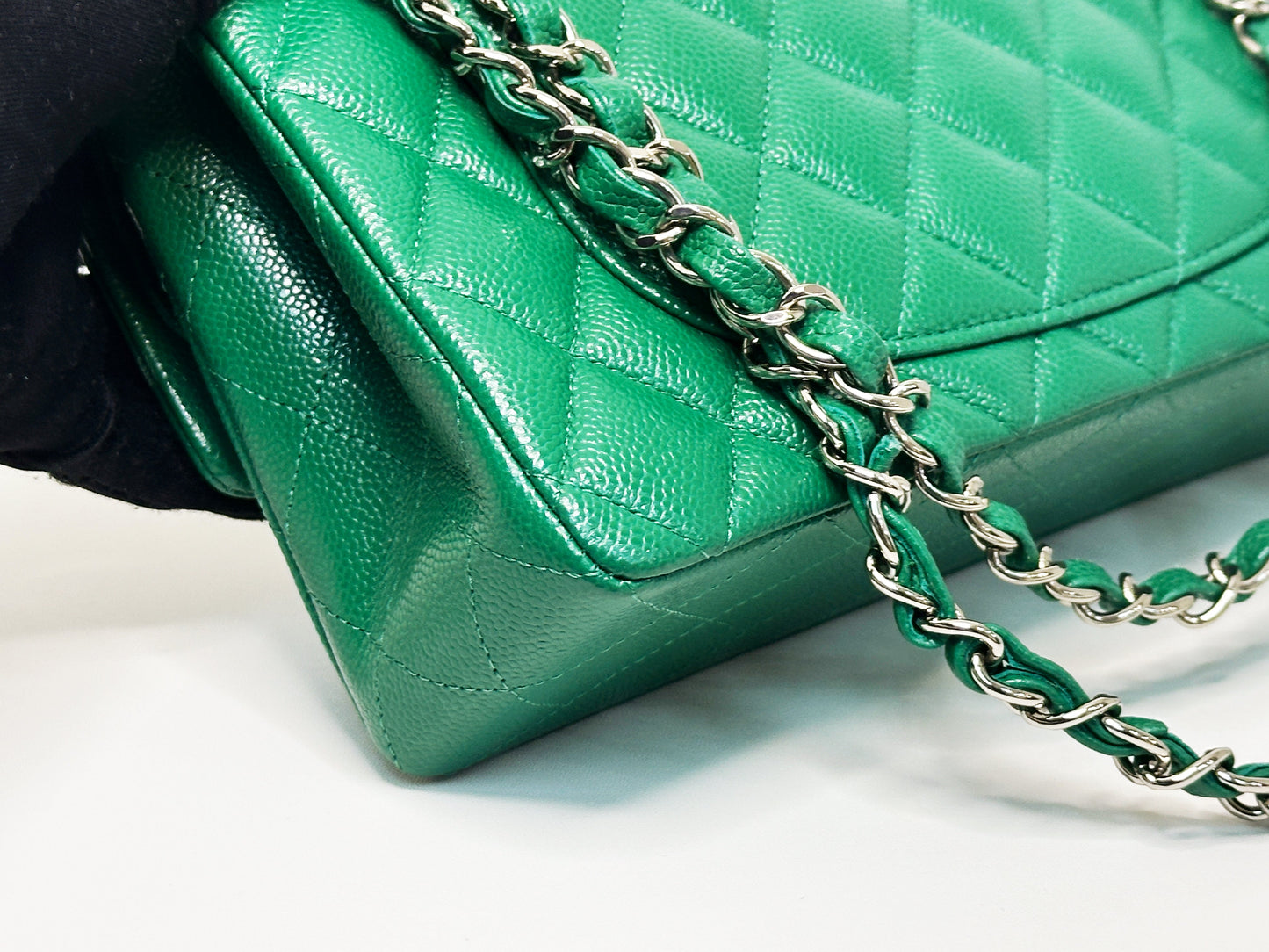 CHANEL 20B Green Classic Small Double Flap Bag SHW 3050 holo card