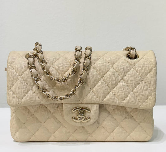 Chanel Small Classic Quilted Double Flap Ivory Light Beige 20C LGHW