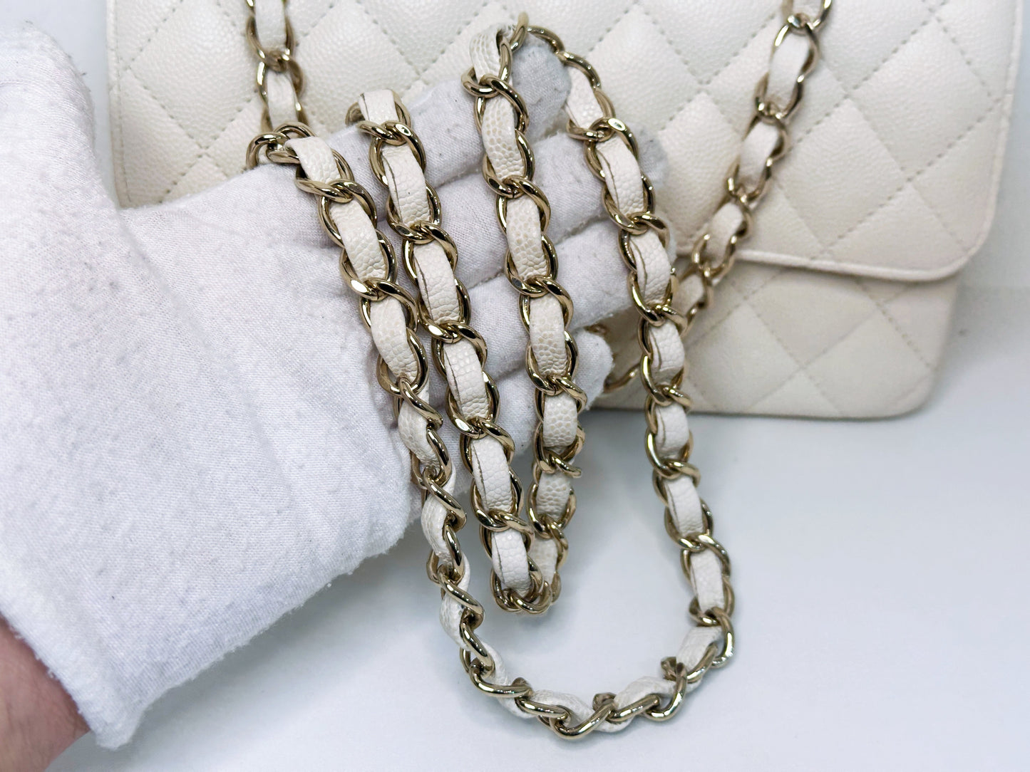 Chanel Mini Rectangular Caviar Classic White GHW 2382 holo card