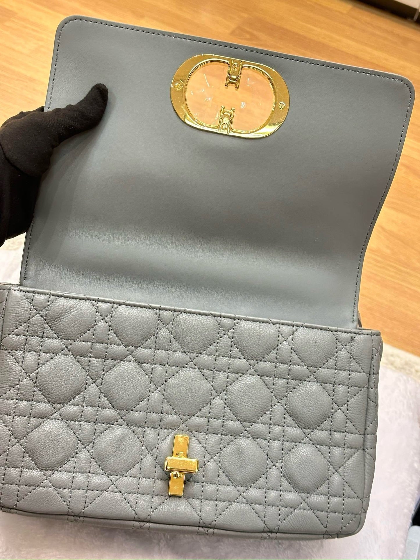 Medium Dior Calfskin Caro Bag Stone Gray Supple Cannage