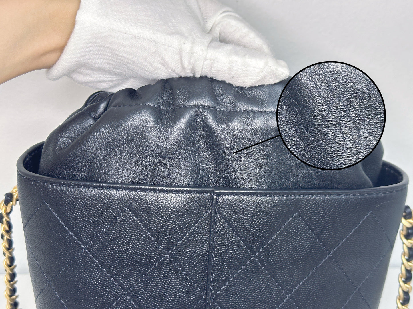 Chanel Drawstring Bucket Bag Quilted Black Caviar Aged Gold Hardware 3088 holo card